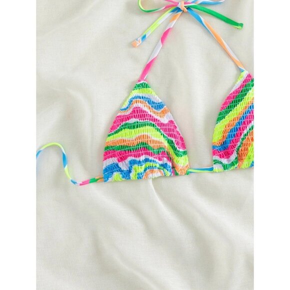 NEW SHEIN Striped Smocked Halter Triangle Bikini Top Size M - Picture 6 of 9